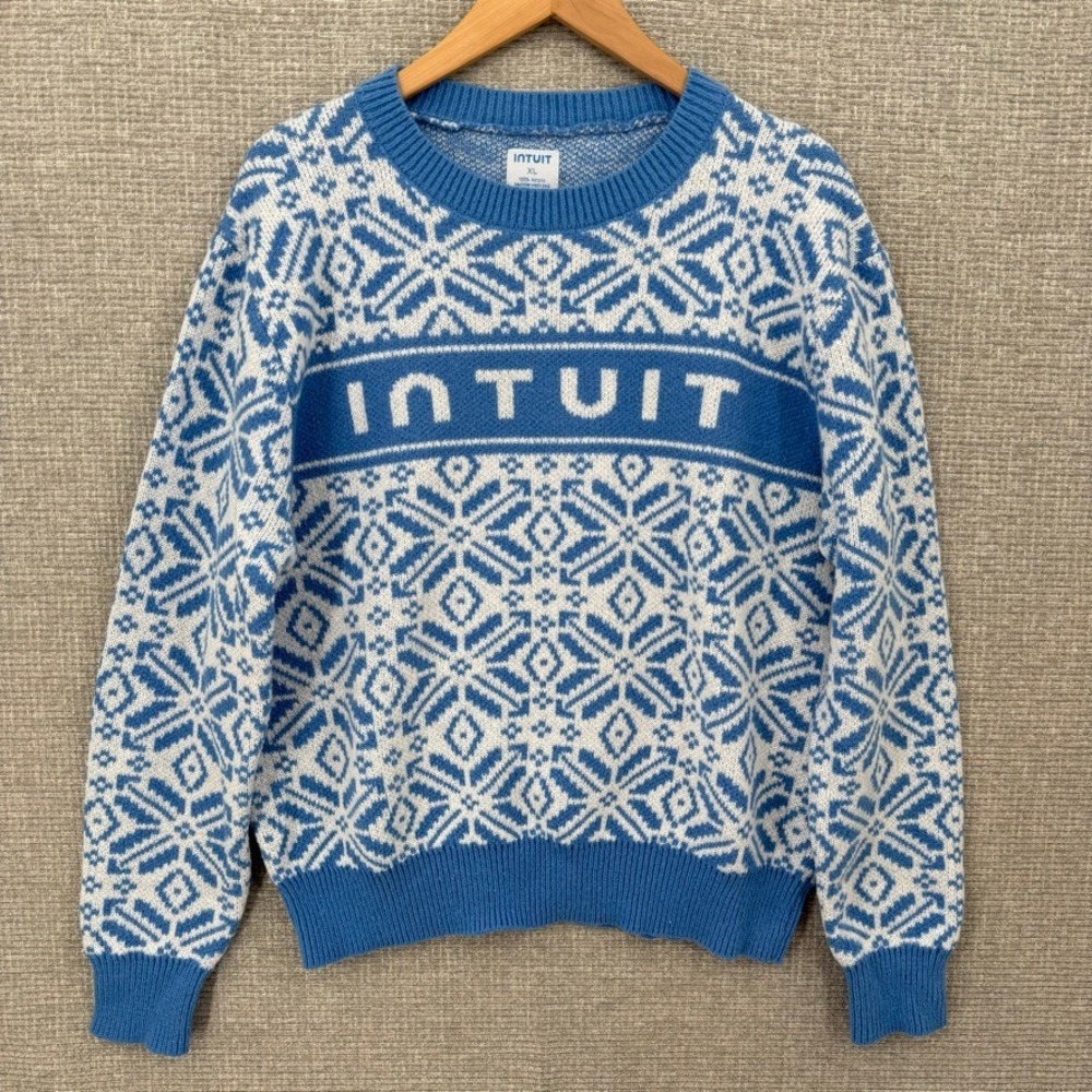 Intuit Snowflake Fair Isle Knit Sweater Unisex XL Blue White Winter Holiday